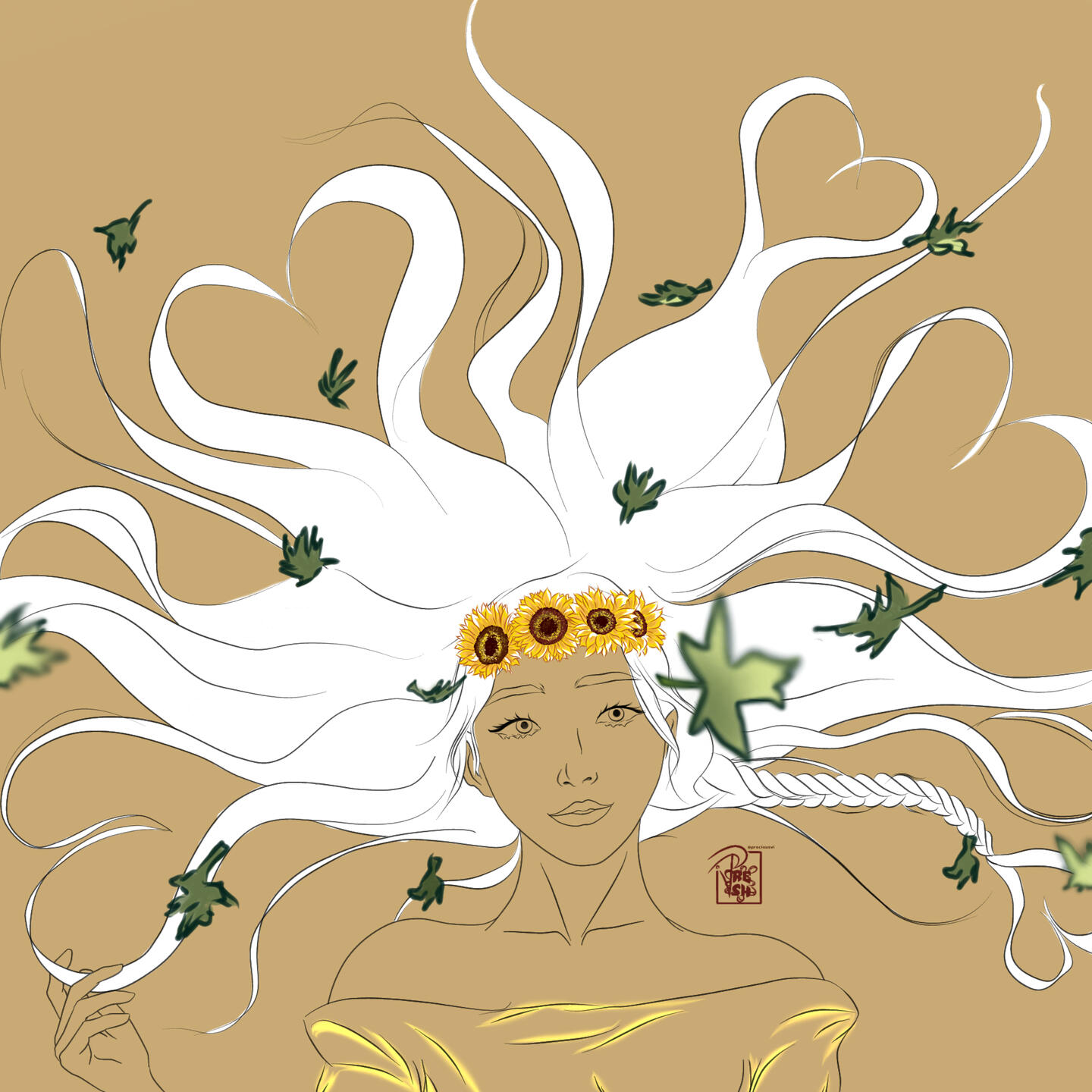 A long-haired person wears a flower crown with their hair splayed around them, the ends in the shape of hearts. Green leaves float around them.